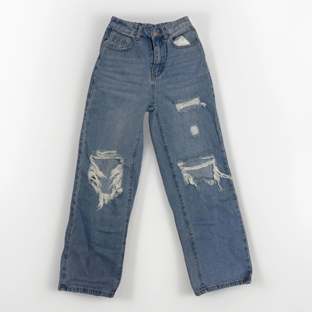 Fashion Nova Women's High-Waisted Distressed Straight Jeans - Blue - Size 0